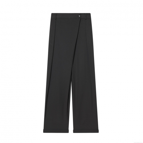 Women's Wide Leg Trousers Elegant Asymmetric High Waist Button Detail Solid Black Loose Fit Long Pants For Casual Office Daily Wear Trendy High Street Style