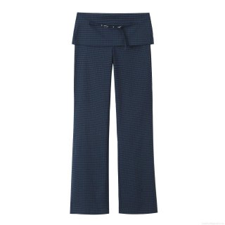 Women's Plaid Casual Pants With Belt Sweet Patchwork Navy Blue Straight Leg Trousers For Daily Autumn Wear Fashion Bottoms