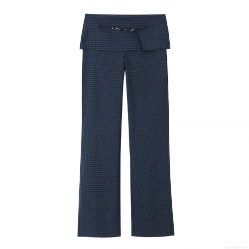 Women's Plaid Casual Pants With Belt Sweet Patchwork Navy Blue Straight Leg Trousers For Daily Autumn Wear Fashion Bottoms