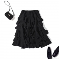 Women's Tiered Ruffle Midi Skirt 100% Polyester Crepe Fabric Elastic High Waist Layered Cake Design Solid Color Elegant Sweet Casual Skirts for Women Ladies Dating Party