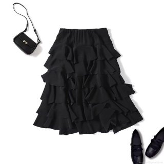 Women's Tiered Ruffle Midi Skirt 100% Polyester Crepe Fabric Elastic High Waist Layered Cake Design Solid Color Elegant Sweet Casual Skirts for Women Ladies Dating Party
