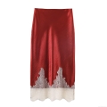 Women Elegant Burgundy Red Satin Midi Skirt With White Lace Trim Patchwork High Waist Straight Skirt For Party Commuting Fashion