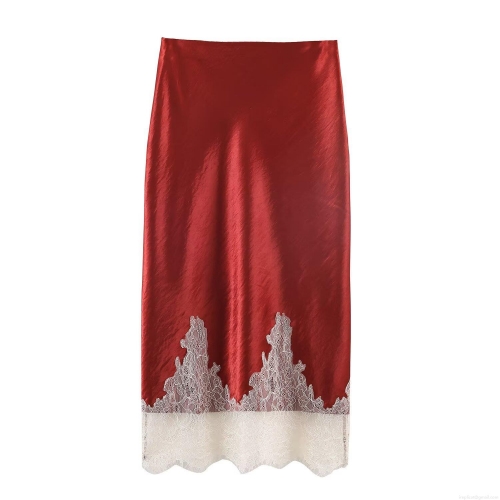 Women Elegant Burgundy Red Satin Midi Skirt With White Lace Trim Patchwork High Waist Straight Skirt For Party Commuting Fashion