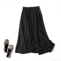 Women's Elegant Minimalist Midi A-Line Skirt With Golden Buttons High Waisted Polyester Spandex Blend Solid Black Commuter Skirt For Winter Autumn