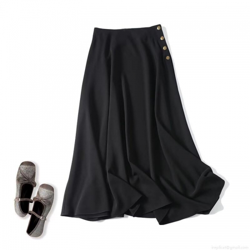 Women's Elegant Minimalist Midi A-Line Skirt With Golden Buttons High Waisted Polyester Spandex Blend Solid Black Commuter Skirt For Winter Autumn