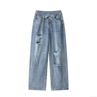 Women Fashion High Waist Distressed Straight Jeans Washed Blue Wide Leg Denim Pants Retro Streetwear Style Casual Trousers