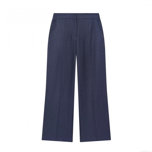 Women's Casual Straight Leg Pants High Waist Polyester Blend Deep Blue Trousers Winter Fashion Wide Leg Office Lady Bottoms Solid Color Long Pants