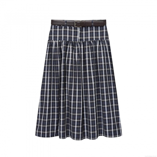 Women's Fashion Plaid Midi Skirt High Waist A-Line Pleated Skirt With Brown Faux Leather Belt Preppy Style Casual Cotton Blend Bottoms For Winter