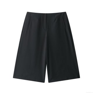 Women's High Waisted Wide Leg Polyester Bermuda Shorts Solid Black Office Wear Suit Style Knee Length Straight Leg Casual Summer Trousers For Women