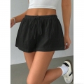 Women's Summer Casual Shorts Polyester Cotton Linen Texture Loose Fit Drawstring Elastic High Waist Striped Sports Shorts For Daily Beach Wear Comfortable Wide Leg Workout Pants