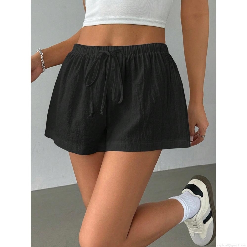 Women's Summer Casual Shorts Polyester Cotton Linen Texture Loose Fit Drawstring Elastic High Waist Striped Sports Shorts For Daily Beach Wear Comfortable Wide Leg Workout Pants