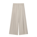 Women High Waist Wide Leg Trousers Polyester Woven Pleated Front Pants With Pockets Office Commute Casual Fashion Full Length Straight Slacks For Lady