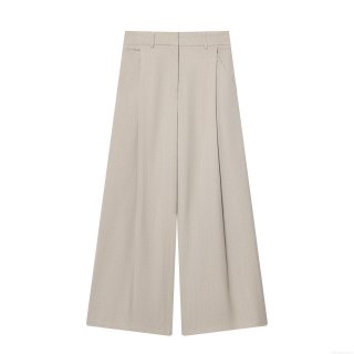 Women High Waist Wide Leg Trousers Polyester Woven Pleated Front Pants With Pockets Office Commute Casual Fashion Full Length Straight Slacks For Lady