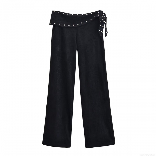 Women's Black Flare Pants High Waist Suede-like Polyester Trousers With Rivet Decor And Side Lace-up Bow Elegant Daily Casual Winter Wear