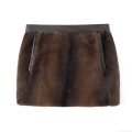 Women's Faux Fur Mini Skirt With Faux Leather Trim Sexy Coffee Stitching Short Skirt 100% Polyester Winter Warm Clubwear For Women Chic Lady Fashion Bottoms
