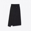 Women's Elegant Asymmetric Hem Midi Skirt Thick Knit Wool Like High Waist Solid Black A-Line Slit Skirt For Office Daily Winter Wear
