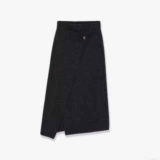 Women's Elegant Asymmetric Hem Midi Skirt Thick Knit Wool Like High Waist Solid Black A-Line Slit Skirt For Office Daily Winter Wear