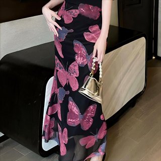 Women Elegant Butterfly Print Mesh Bodycon Skirt Slim Fit High Waist Long Pencil Skirt Polyester Spandex Mesh Bottoms For Party Daily Fashion Lady