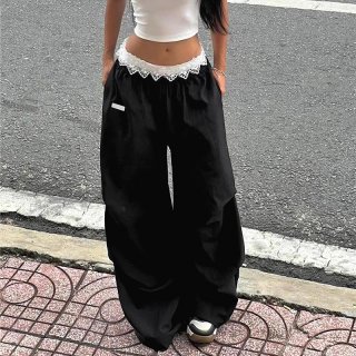 Women's Wide Leg Cargo Pants Polyester Spandex Lace Trim Contrast Waist Letter Embroidery Loose Streetwear Summer Floor-Length Long Pants