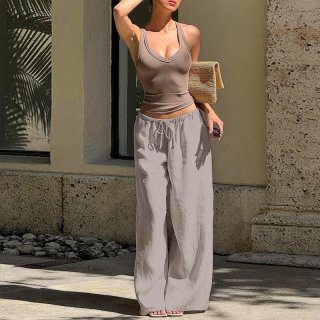 Women's High Waist Wide Leg Pants Casual Loose Cotton Linen Blend Straight Trousers For Vacation Daily Wear Solid Color Breathable Fashion Bottoms For Lady