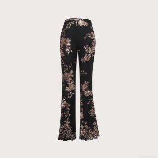 Women's Flared Pants Polyester Spandex Floral Sequin Embroidery High Waist Party Trousers Sexy Slim Fit Evening Clubwear Trousers For Ladies