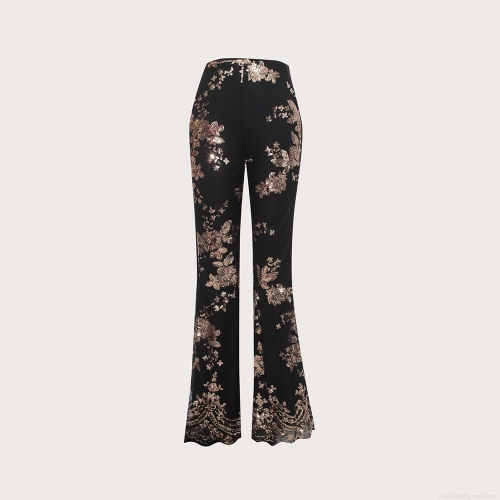 Women's Flared Pants Polyester Spandex Floral Sequin Embroidery High Waist Party Trousers Sexy Slim Fit Evening Clubwear Trousers For Ladies
