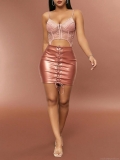 Women's Rose Gold PU Leather Mini Skirt Sexy Lace-up Bodycon Short Skirt Metallic High Waist Club Party Nightclub Wear Streetwear Skirts