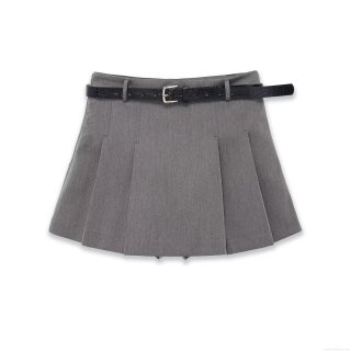 Women's Sexy Pleated Mini Skort With Black Crocodile Texture Belt High Waist A-Line Solid Grey Polyester Short Skirt For Streetwear Party Date