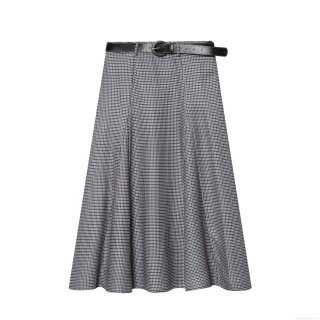 Women's Retro Houndstooth Plaid A-Line Midi Skirt with Black PU Leather Belt High Waist Twill Polyester Skirt for Daily Office Streetwear