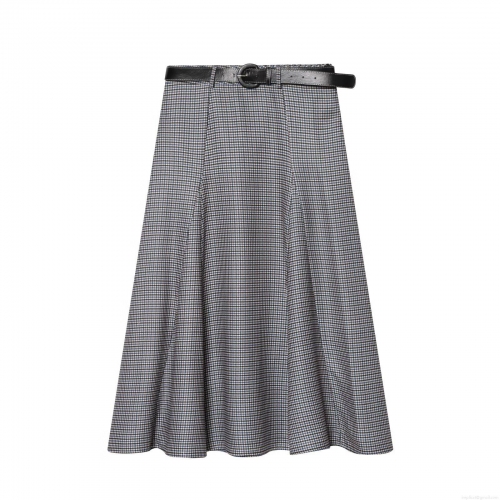 Women's Retro Houndstooth Plaid A-Line Midi Skirt with Black PU Leather Belt High Waist Twill Polyester Skirt for Daily Office Streetwear