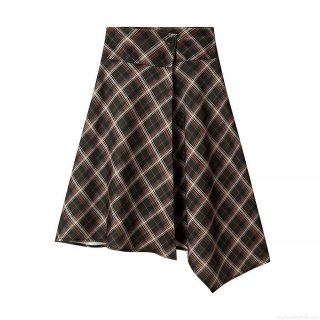 Women's Vintage Brown Plaid Asymmetric Midi Skirt High Waist Polyester Woven Check A-Line Skirt Retro Streetwear Skirt For Women