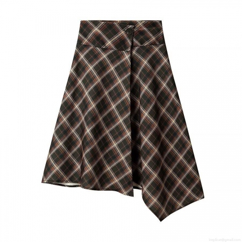 Women's Vintage Brown Plaid Asymmetric Midi Skirt High Waist Polyester Woven Check A-Line Skirt Retro Streetwear Skirt For Women