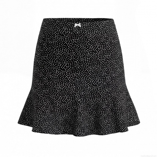 French Retro Polka Dot Women's Mini Skirt 100% Rayon Ruffle Hem Fish Tail Sexy High Waist Streetwear Bodycon Skirt With Bow Accent