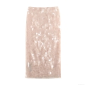 Women's Sexy Sequin Mesh Midi Skirt High Waist Sparkling Straight Tulle Skirt Elegant Party Clubwear Street Style Pencil Skirt Nude Pink Champagne