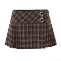 Women High Waist Plaid Pleated Mini Skirt Polyester Rayon Blend Fabric With Metal Buckle Ring Preppy School Style Retro Punk Streetwear Short Skirts