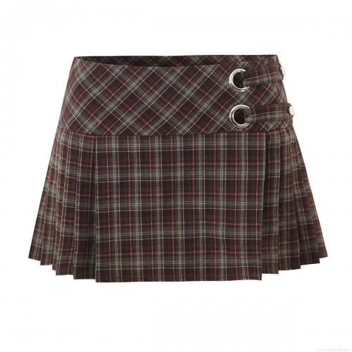 Women High Waist Plaid Pleated Mini Skirt Polyester Rayon Blend Fabric With Metal Buckle Ring Preppy School Style Retro Punk Streetwear Short Skirts