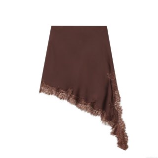 Women's Sexy Asymmetric Satin Mini Skirt With Eyelash Lace Trim Elegant Solid Color High Waist Bodycon Skirt For Party Club Streetwear