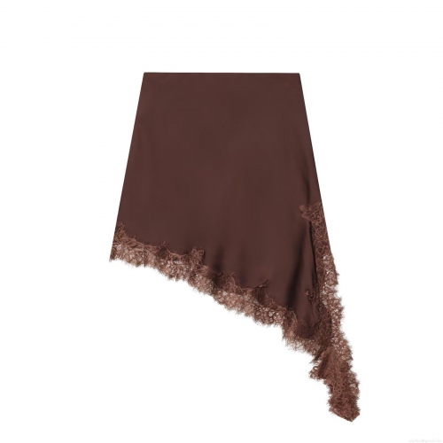 Women's Sexy Asymmetric Satin Mini Skirt With Eyelash Lace Trim Elegant Solid Color High Waist Bodycon Skirt For Party Club Streetwear