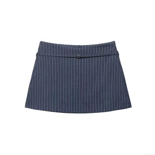 Women's Elegant High Waist Pinstripe Mini Skirt With Belt Navy Blue Polyester Straight Short Skirt For Daily Dating Streetwear