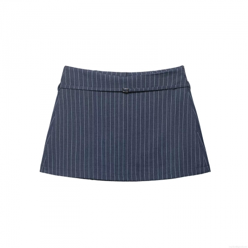Women's Elegant High Waist Pinstripe Mini Skirt With Belt Navy Blue Polyester Straight Short Skirt For Daily Dating Streetwear