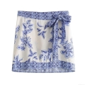 Women's High Waist Floral Print A-Line Mini Skirt With Bow Tie Detail Wrap Skirt Blue White Porcelain Style Casual Vacation Sexy Short Skirt