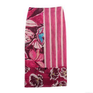 Women Elegant Floral Striped Patchwork Satin Midi Skirt High Waist Side Split A-Line Long Skirt Bohemian Office Party Lady Bottoms