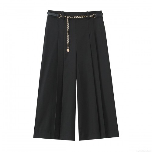 Women's High Waist Wide Leg Shorts With Metal Chain Belt Solid Color Polyester Streetwear Casual Culottes For Summer Office Party