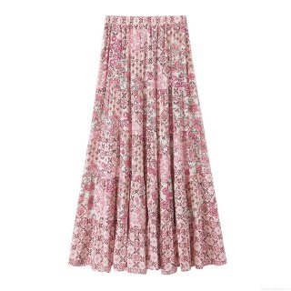 Women's Vintage Floral Print Tiered Maxi Skirt High Waist Elastic Ruffle Cake Skirt Boho A-Line Long Skirt For Summer Beach Daily Wear Casual Streetwear Lady Clothing Polyester Fabric