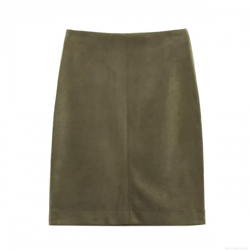 Women's Sexy Military Green Faux Suede Midi Skirt Solid Color Bodycon Pencil Skirt With Back Split Fashion Streetwear Bottoms