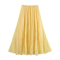 Women's High Waist Pleated Skirt 100% Polyester Yellow A-Line Maxi Skirt Lightweight Breathable Long Skirt For Casual Summer Dating Fashion Streetwear