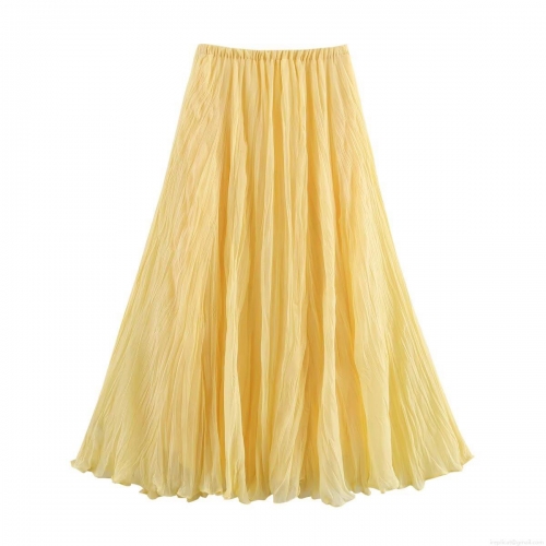 Women's High Waist Pleated Skirt 100% Polyester Yellow A-Line Maxi Skirt Lightweight Breathable Long Skirt For Casual Summer Dating Fashion Streetwear