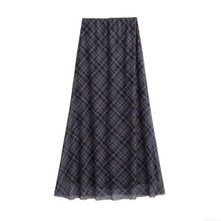 Women's Sexy Streetwear Plaid Mesh Long Skirt High Waist Double Layer A-Line Maxi Skirt Fashion Plaid Skirt Bottoms
