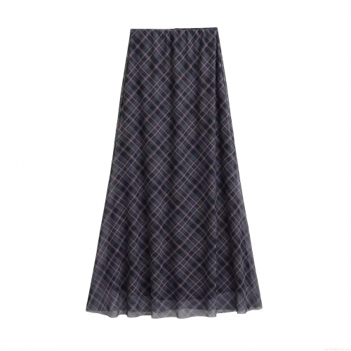 Women's Sexy Streetwear Plaid Mesh Long Skirt High Waist Double Layer A-Line Maxi Skirt Fashion Plaid Skirt Bottoms