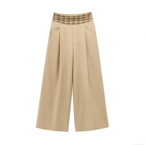 Women's High Waisted Wide Leg Trousers With Plaid Patchwork Waistband Chic Polyester Twill Pleated Straight Casual Long Pants For Daily Streetwear Khaki